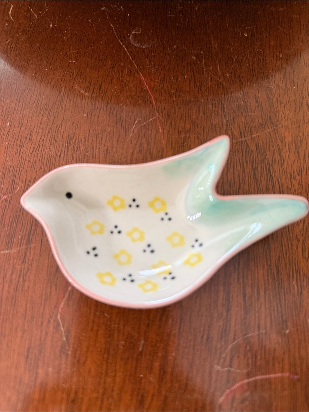 Ceramic Bird Trinket Dish — Pink, Mint & Yellow Floral
